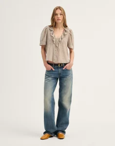 Beige Plaid Ruffle V Neck Blouse Puff Sleeve Thewoofox Elvara Soreline