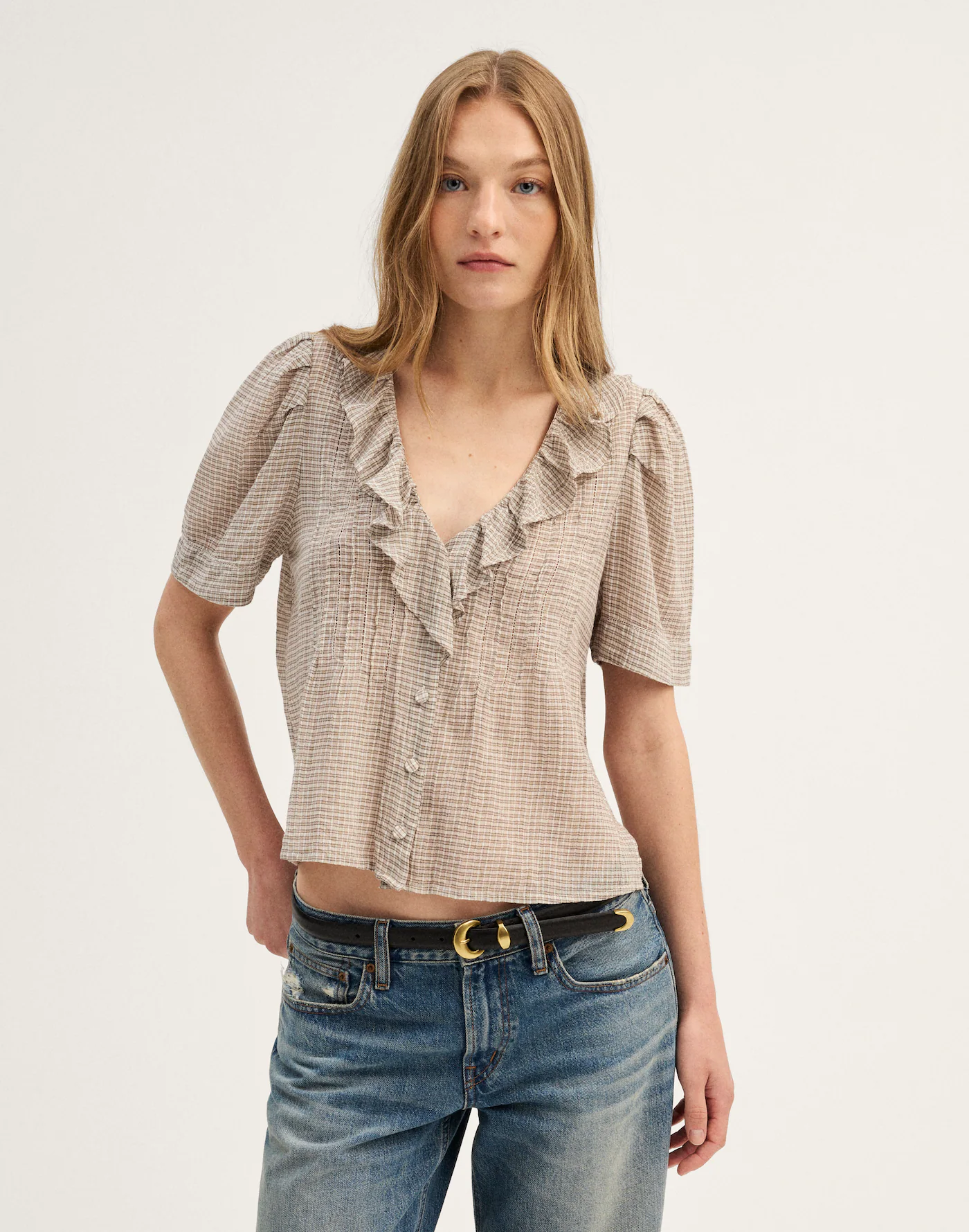 Beige Plaid Ruffle V Neck Blouse Puff Sleeve Thewoofox Elvara Soreline - Image 3