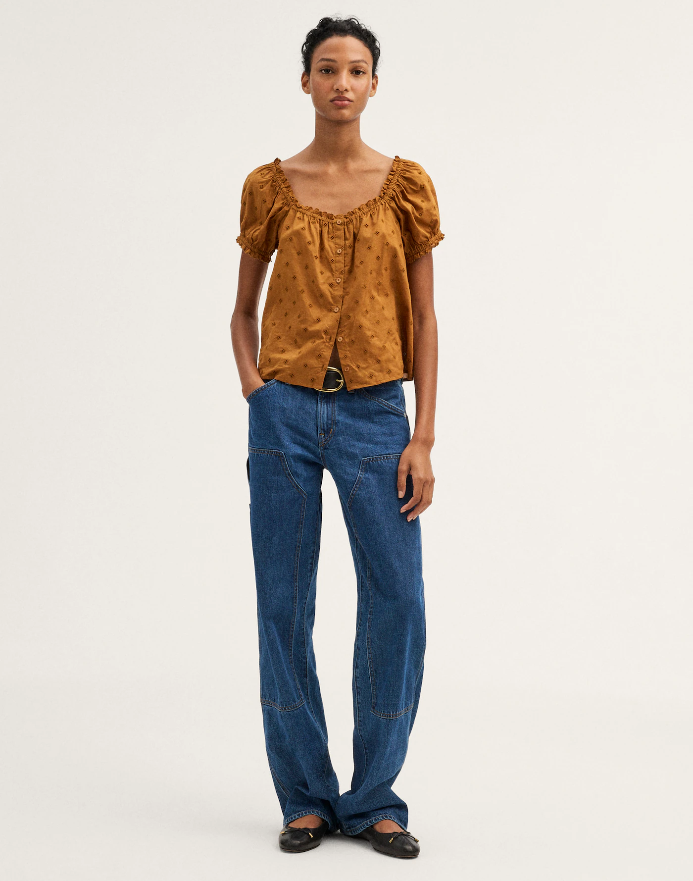 Brown Eyelet Puff Sleeve Button Front Blouse Thewoofox Marcelline Viora