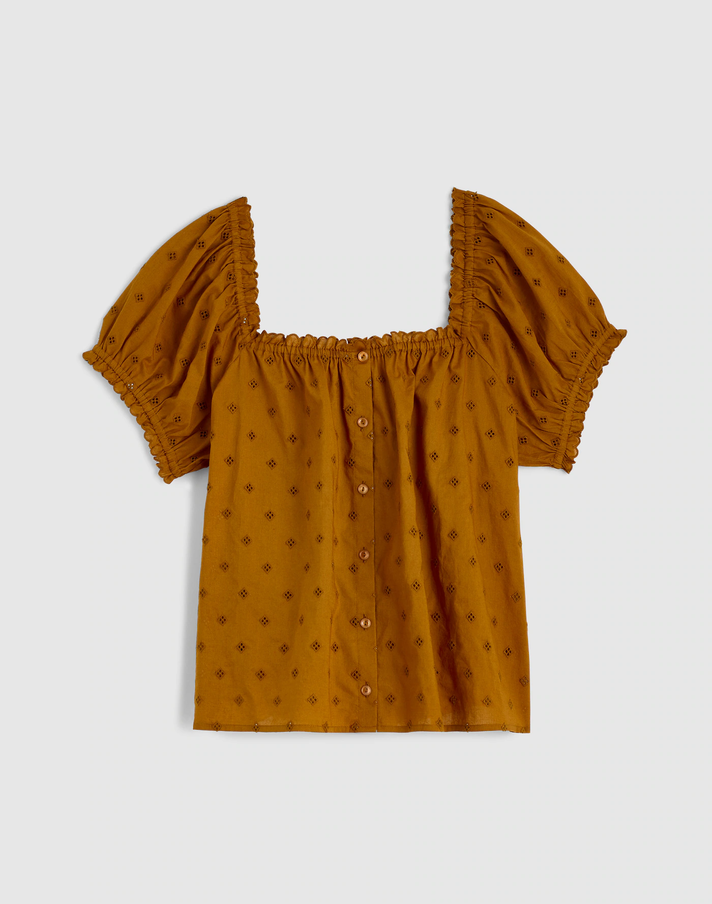 Brown Eyelet Puff Sleeve Button Front Blouse Thewoofox Marcelline Viora - Image 3