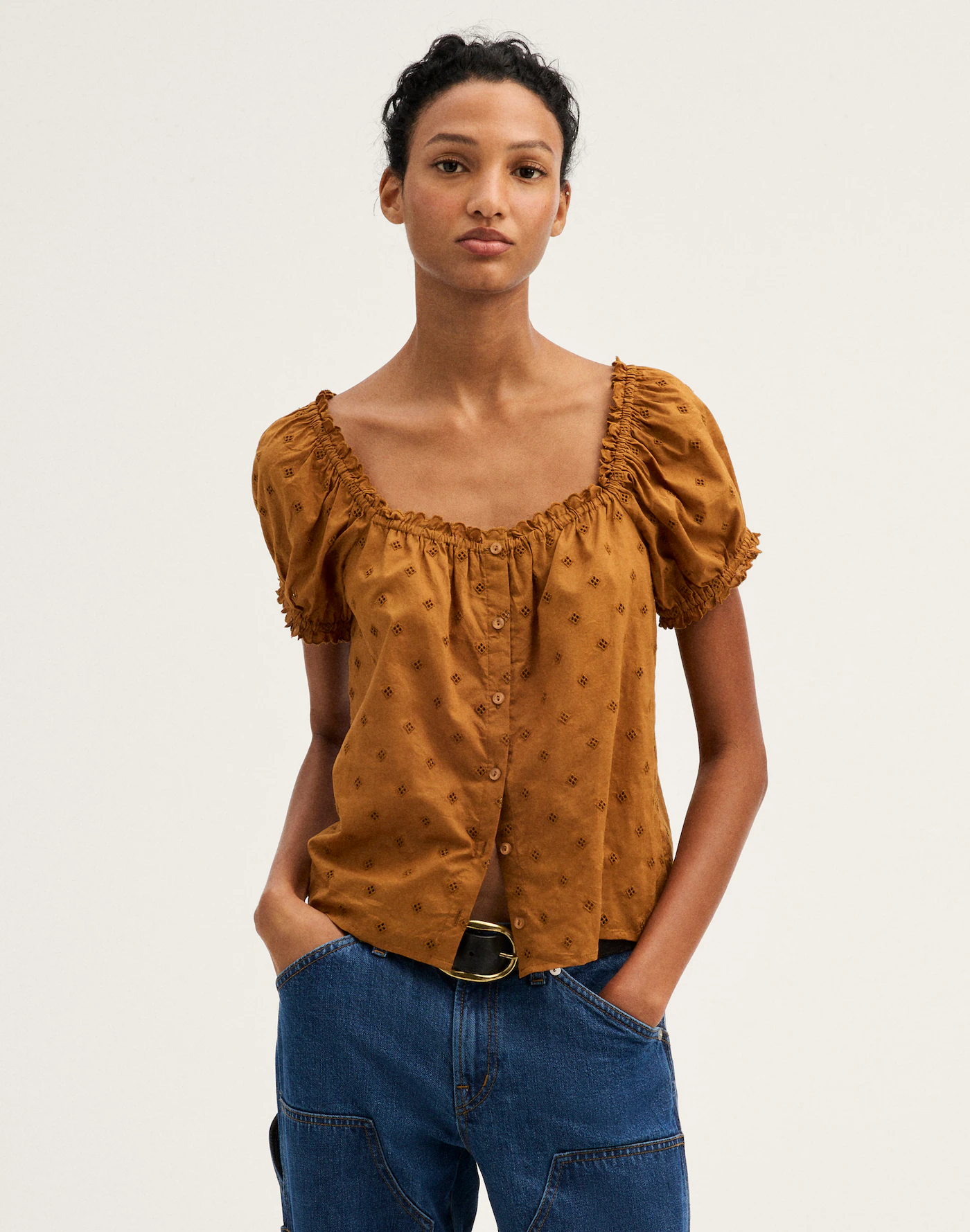 Brown Eyelet Puff Sleeve Button Front Blouse Thewoofox Marcelline Viora - Image 2