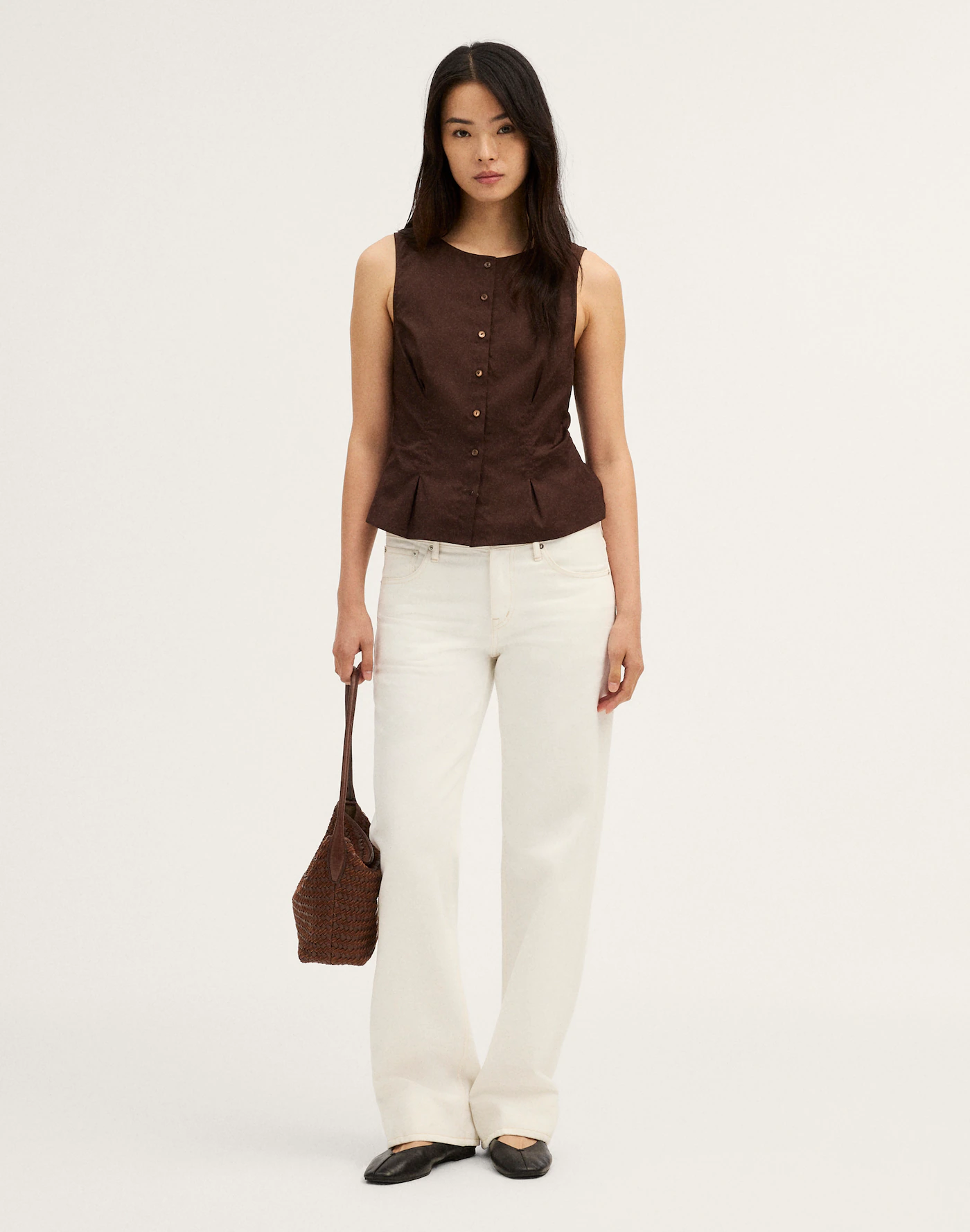 Brown Sleeveless Button Front Peplum Top Thewoofox Calviera Norelle