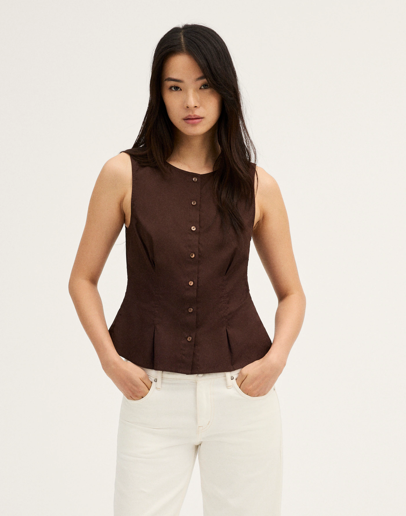 Brown Sleeveless Button Front Peplum Top Thewoofox Calviera Norelle - Image 3