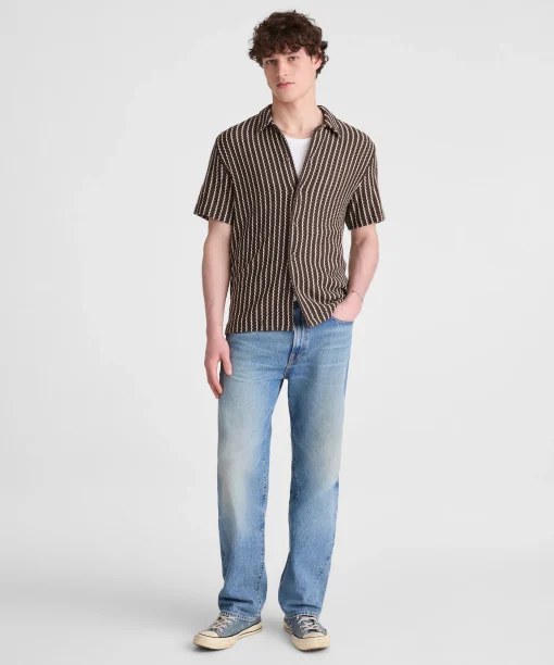 Brown Textured Stripe Short Sleeve Shirt Thewoofox Caldrin Vessaro