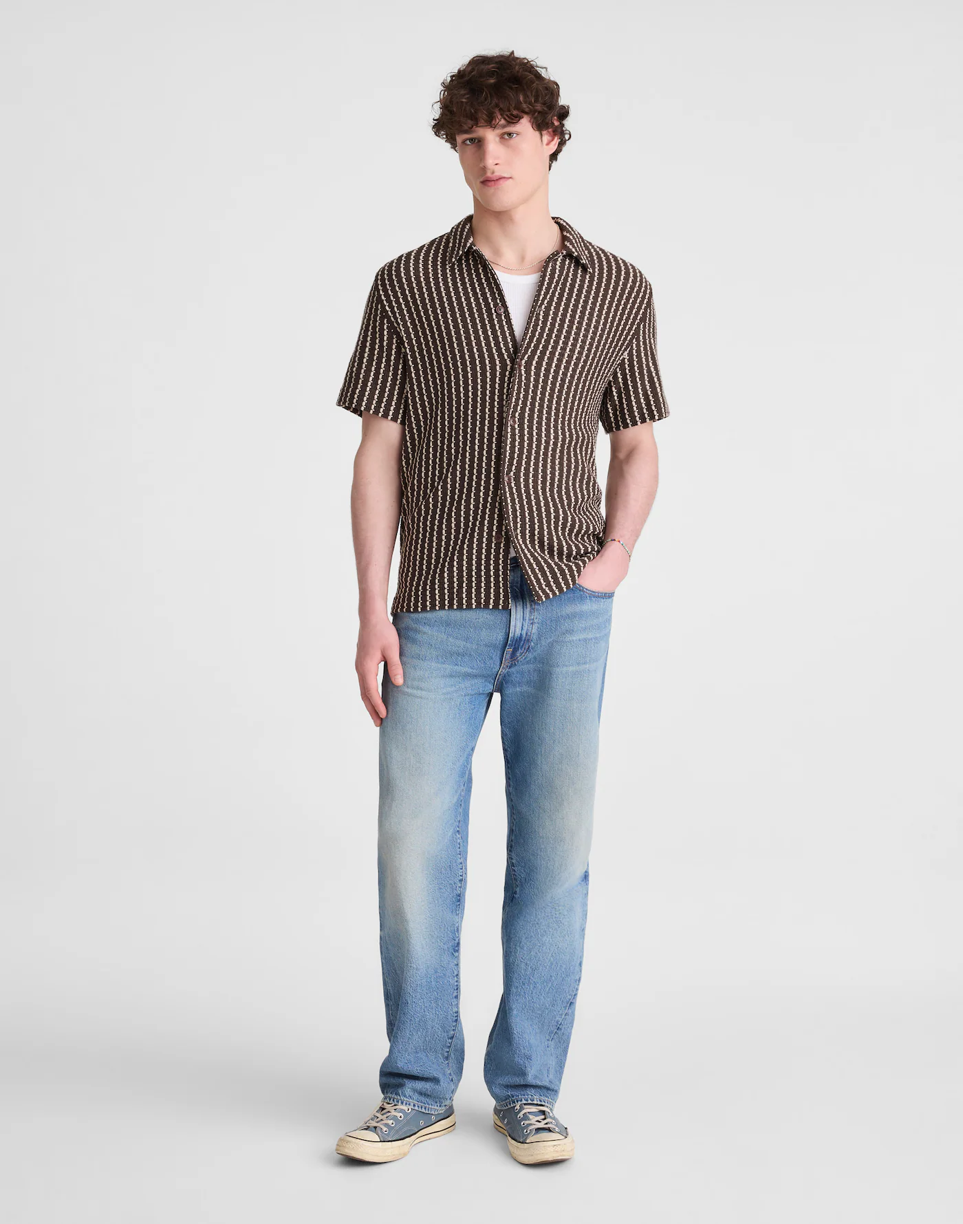 Brown Textured Stripe Short Sleeve Shirt Thewoofox Caldrin Vessaro