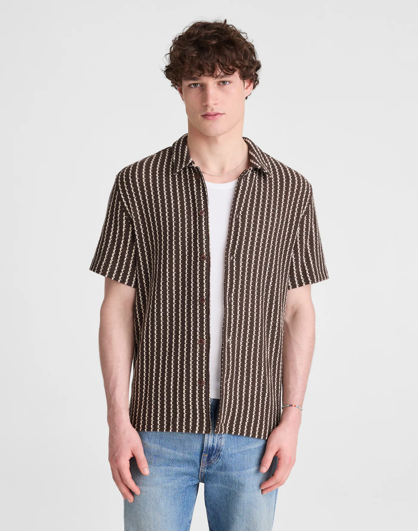 Brown Textured Stripe Short Sleeve Shirt Thewoofox Caldrin Vessaro - Image 2
