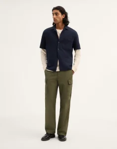 Navy Textured Camp Collar Short Sleeve Shirt Thewoofox Marvello Serique