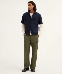 Navy Textured Camp Collar Short Sleeve Shirt Thewoofox Marvello Serique