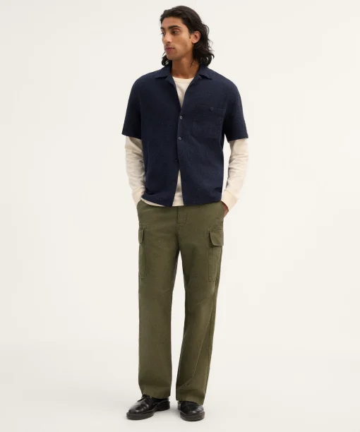 Navy Textured Camp Collar Short Sleeve Shirt Thewoofox Marvello Serique