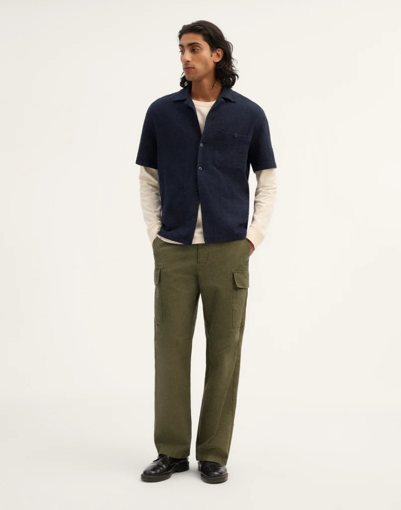 Navy Textured Camp Collar Short Sleeve Shirt Thewoofox Marvello Serique
