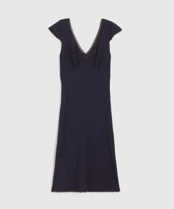 Thewoofox Black Lace Trim V Neck Midi Dress Flutter Sleeve Elvaris Noctelle