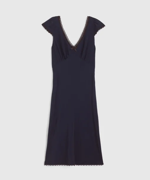 Thewoofox Black Lace Trim V Neck Midi Dress Flutter Sleeve Elvaris Noctelle