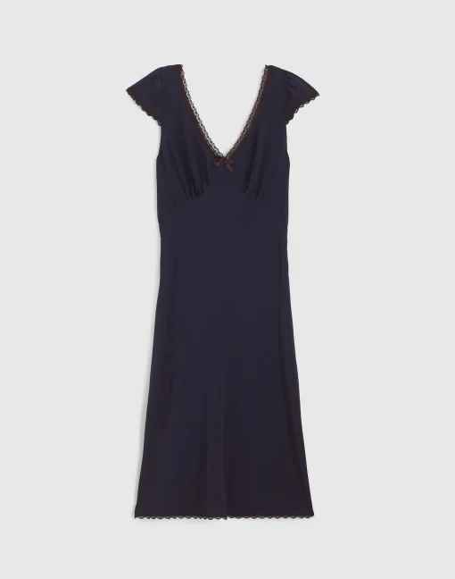 Midi and Mini Dresses Thewoofox Black Lace Trim V Neck Midi Dress Elvaris Noctelle