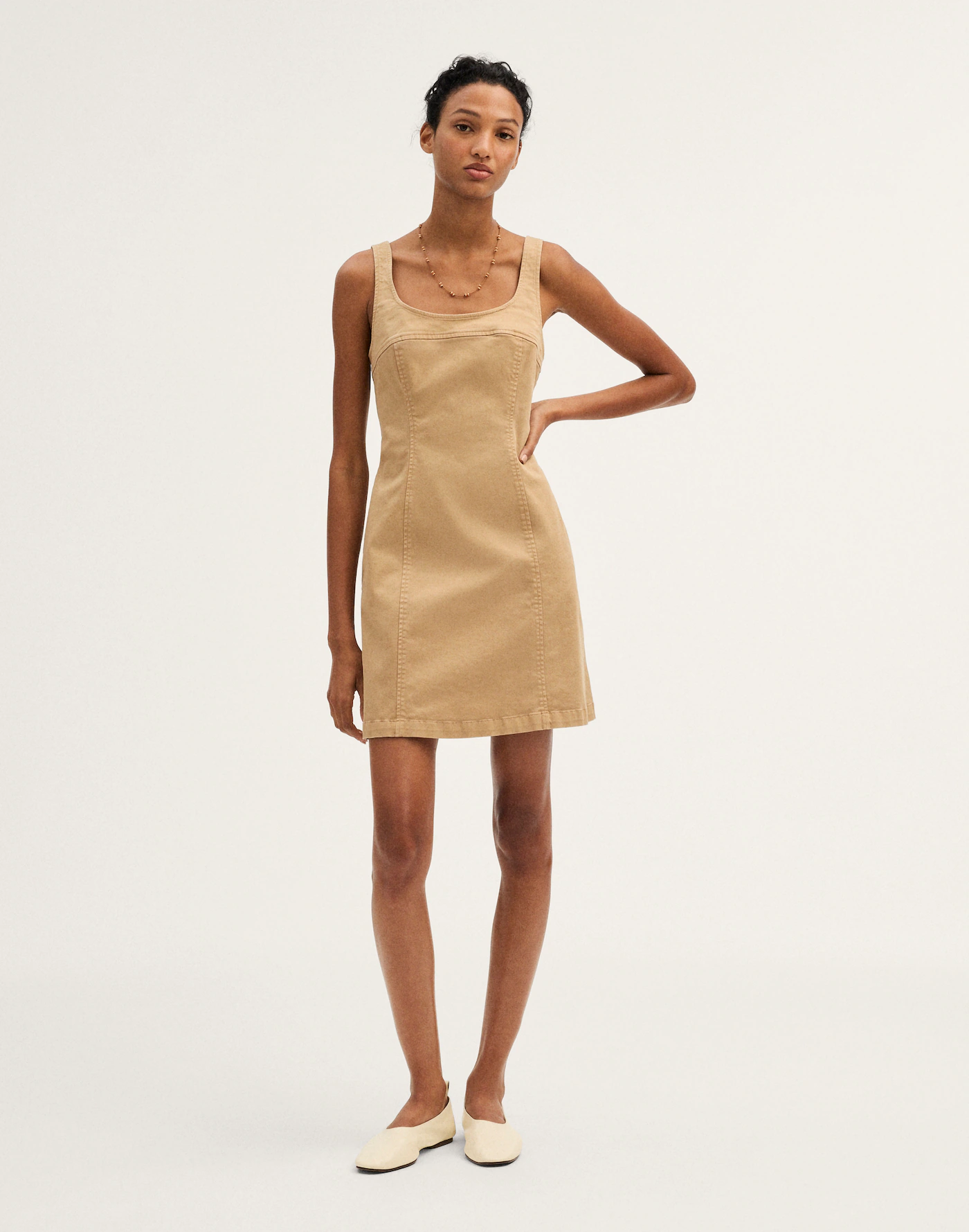 Thewoofox Tan Square Neck Mini Dress Sleeveless Marvella Solenne