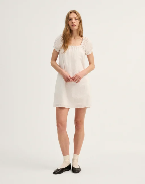 Midi and Mini Dresses Thewoofox White Eyelet Mini Dress Puff Sleeve Calistra Veyonne